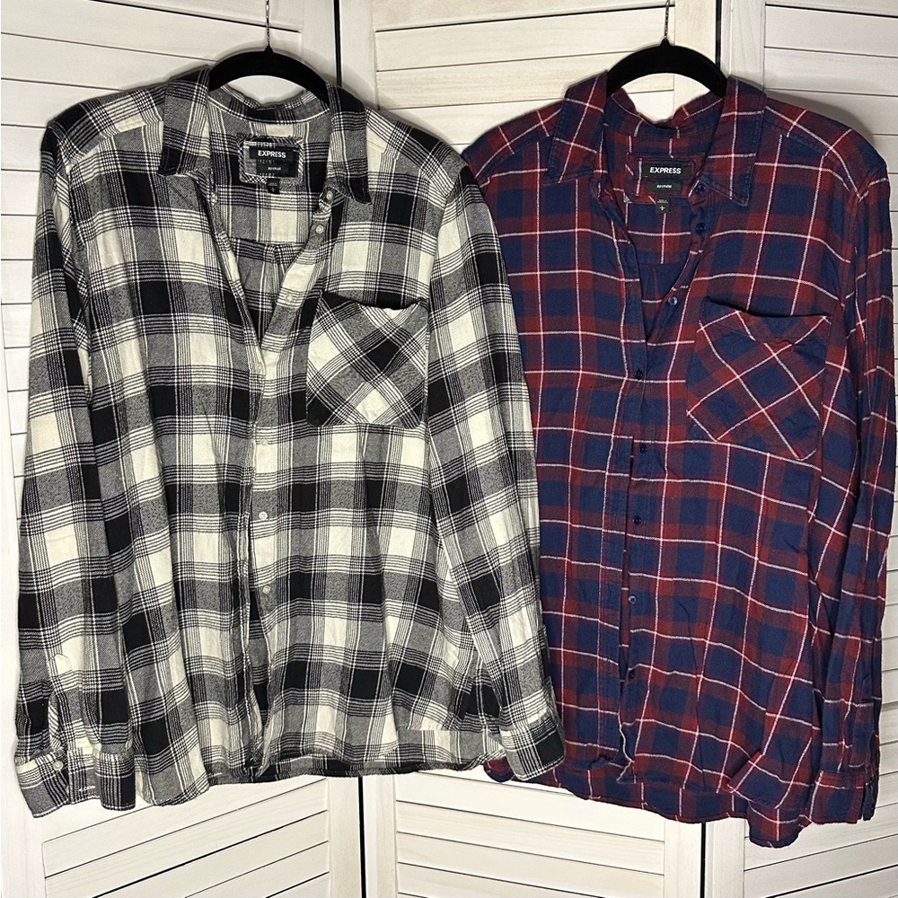 Express Women’s Plaid Shirts - Black & White, Burgundy/ Navy/ White - Size L